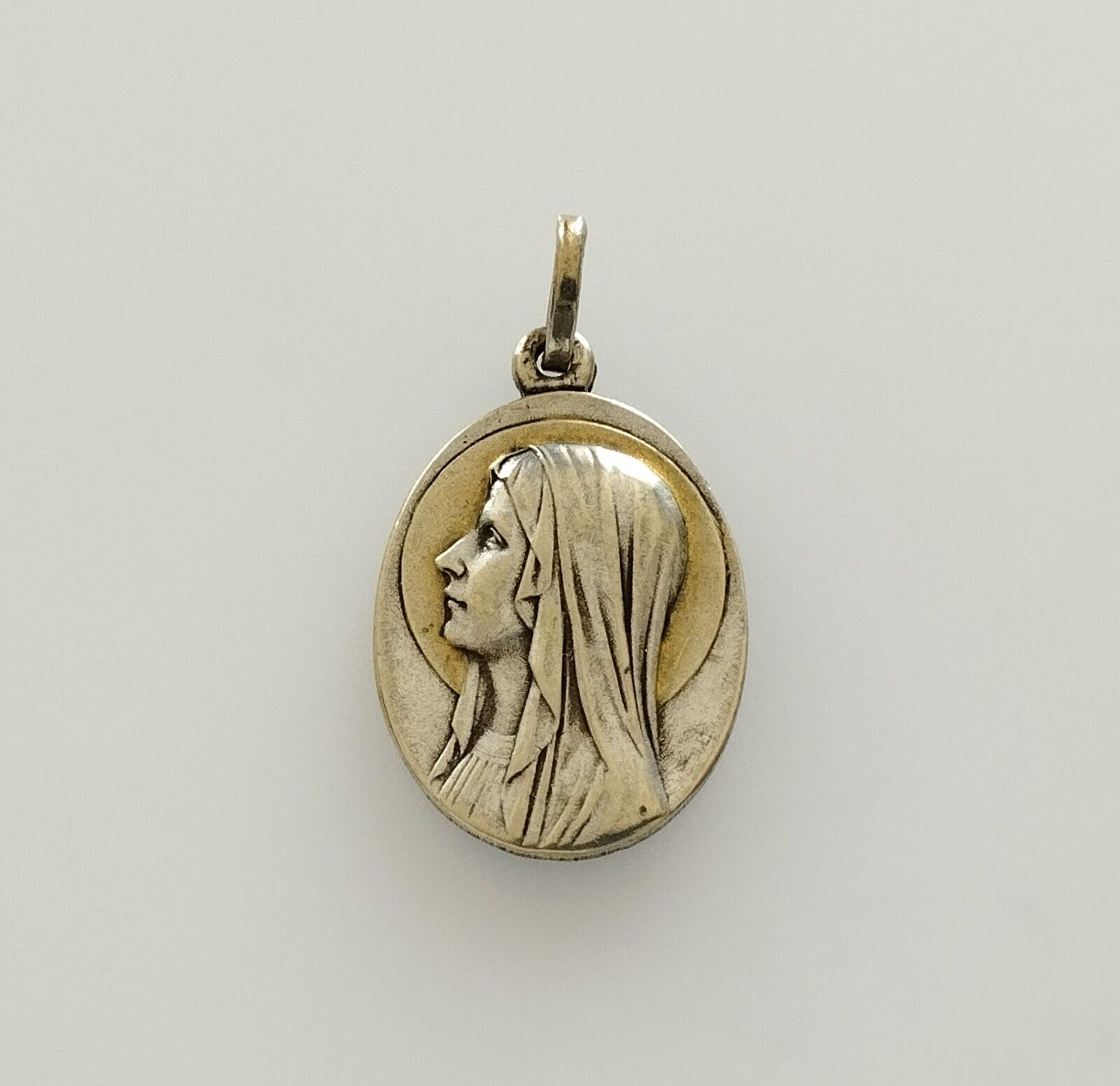 Mama-Estelle Antique Medal Virgin Halo Golden Cave Lourdes Metal
