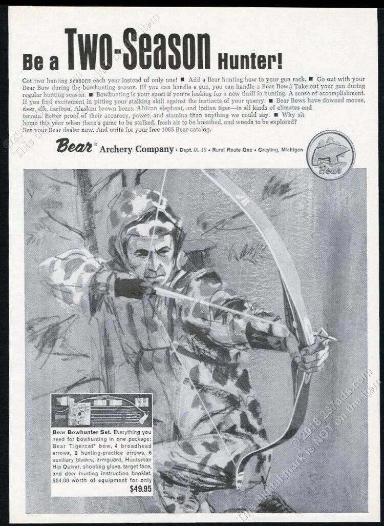 1965 Fred Bear Archey bowhunter hunting art vintage print ad
