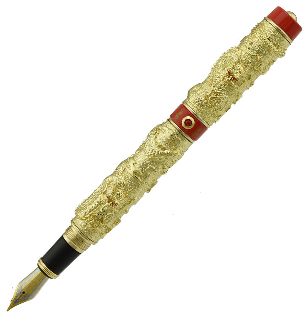 Jinhao Vintage Fountain Pen  Double Dragon Playing Pearl, 3D Embossed Gold & Red