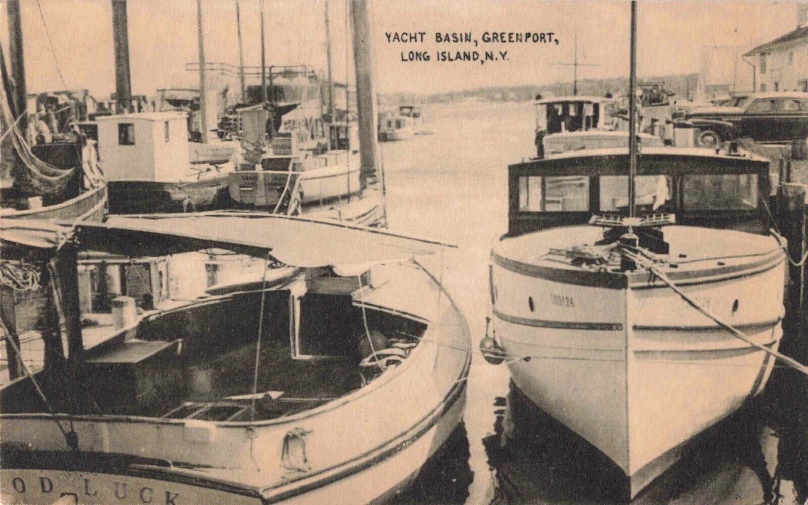 Yacht Basin Greenport Long Island New York NY Boats Old Cars c1940s Postcard