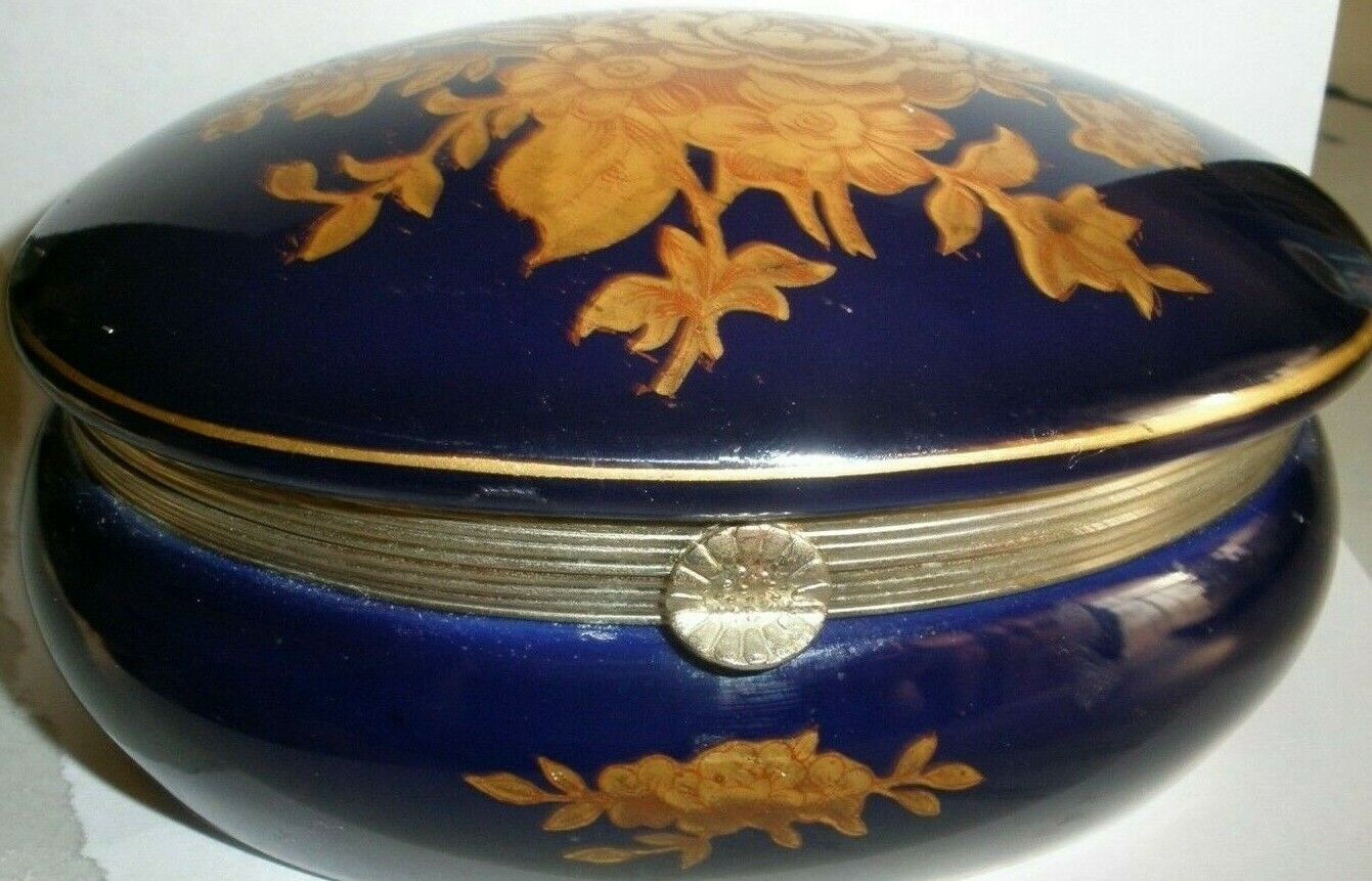 Vintage Faux Limoges Porcelain Hinged Trinket Box Cobalt &Gold Trim Floral