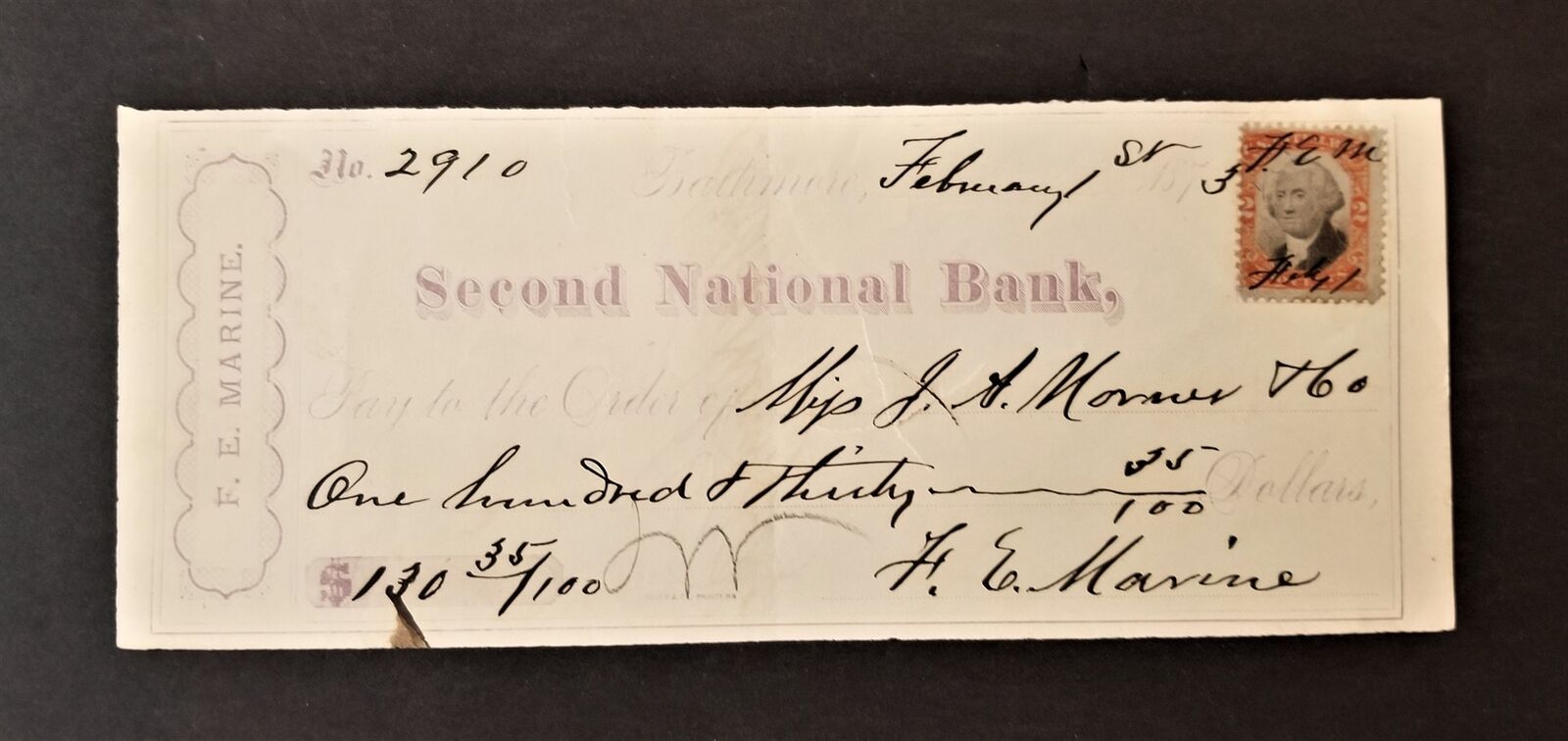 1873 antique CHECK second national bank BALTIMORE MD victorian penmanship Marine