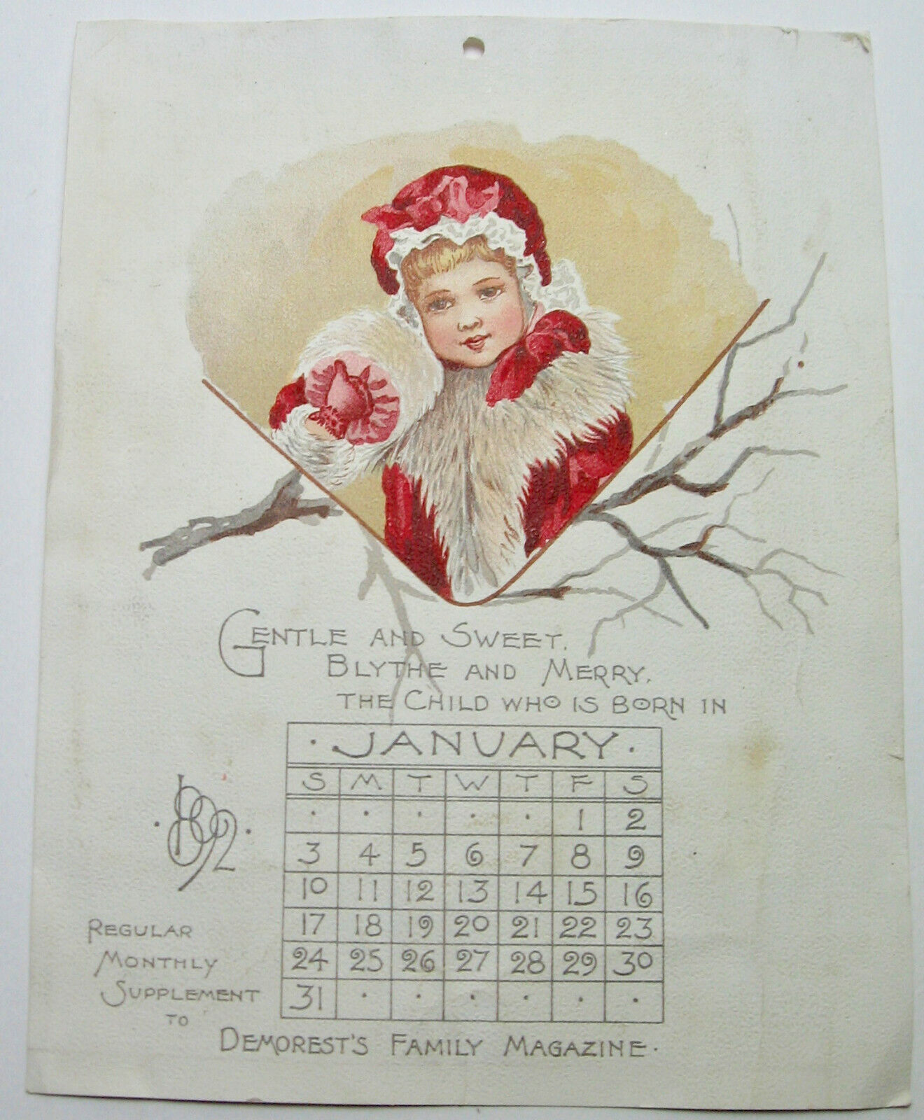 1892 Demorest's Family Magazine Calendar for January 1892.
