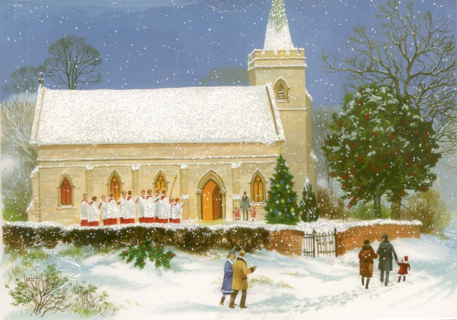 16 ct CHRISTMAS CARDS & ENVELOPES SHOWS PEOPLE GOING TO CHURCH IN SNOW NEW INBOX