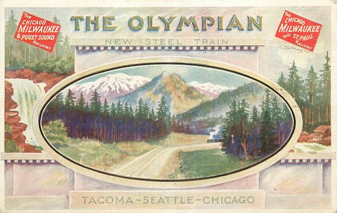 Postcard Chicago Milwaukee & Puget Sound Railroad, The Olympian, Tacoma, Seattle