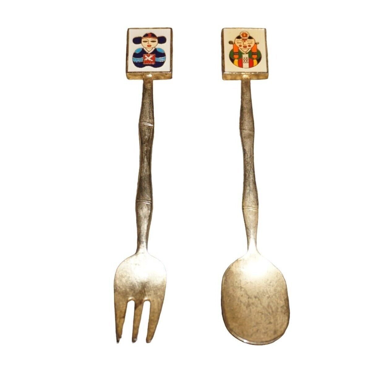 Souvenir Korean Fons Cloisonne Teaspoon Fork Saechen Gold Plated Small Oriental