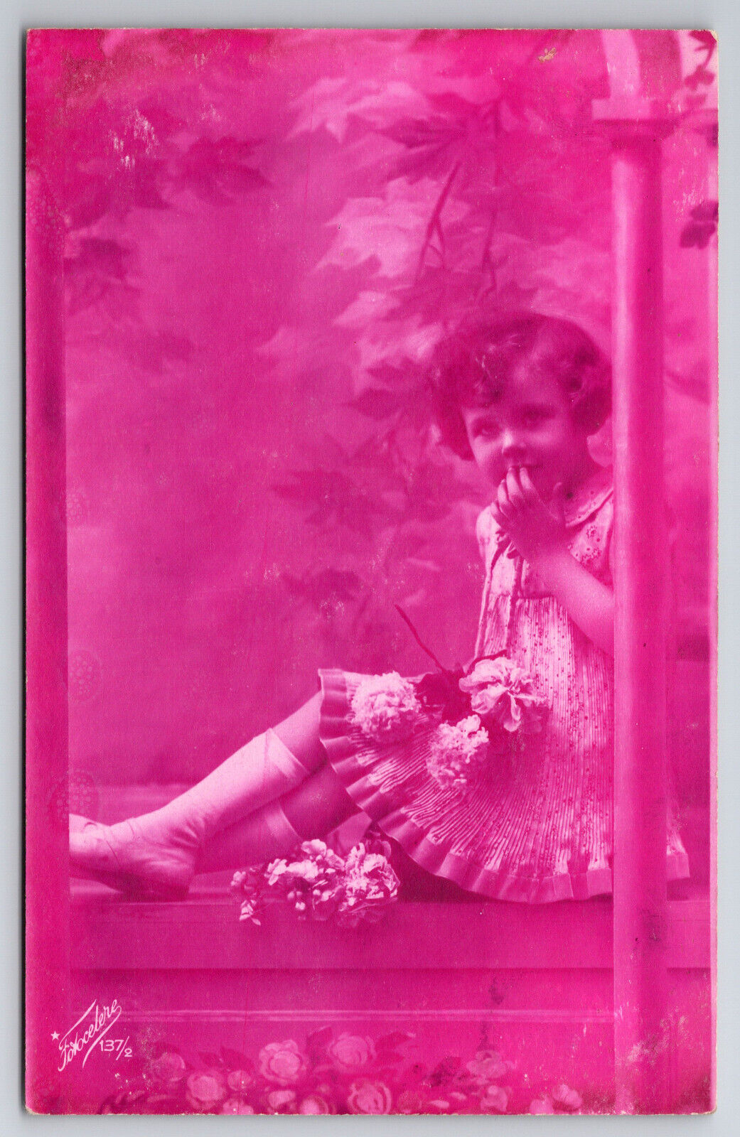 Vintage C1920 Postcard Magenta Shade Cyanotype Lovely Young French Girl