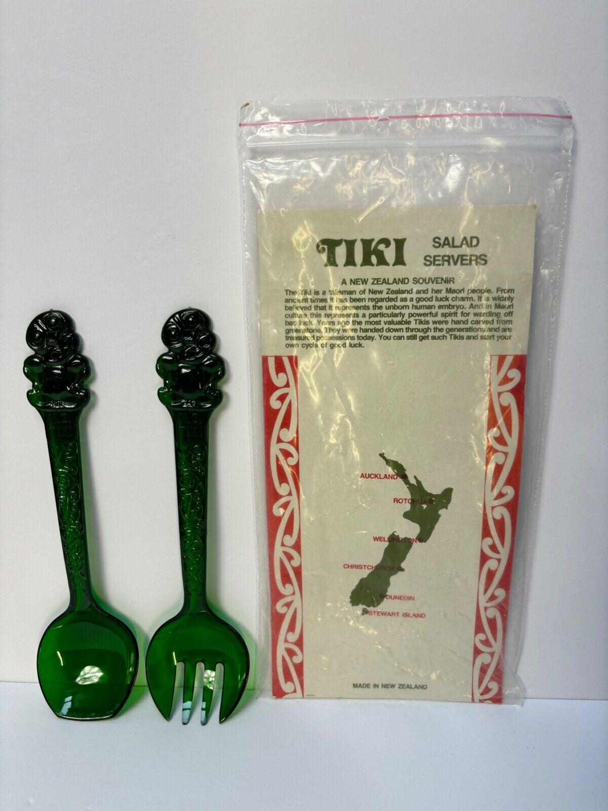 Vintage Maori New Zealand Tiki Souvenir Salad Fork & Spoon Set ~ NIP