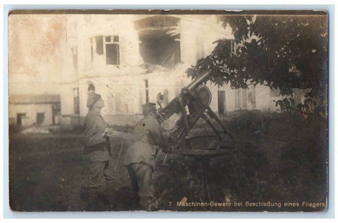 c1914-1918 WWI German Soldiers Firing Machine Gun At Planes RPPC Photo Postcard