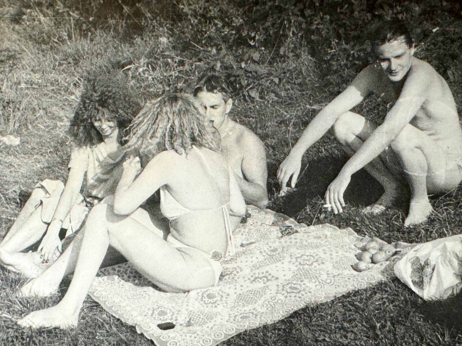 1980s Two Shirtless Men Beach Pretty Woman Bikini Gay int Vintage B&W Photo
