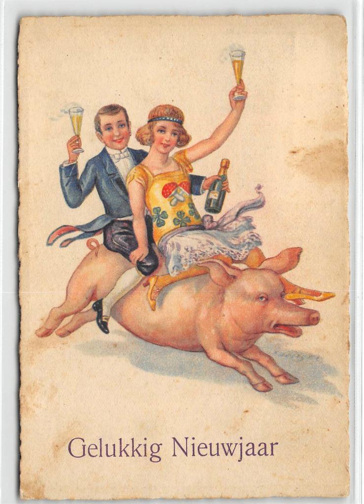 Couple Riding Pig Champagne New Year 1929 Dutch Stamp Vintage Odd Postcard