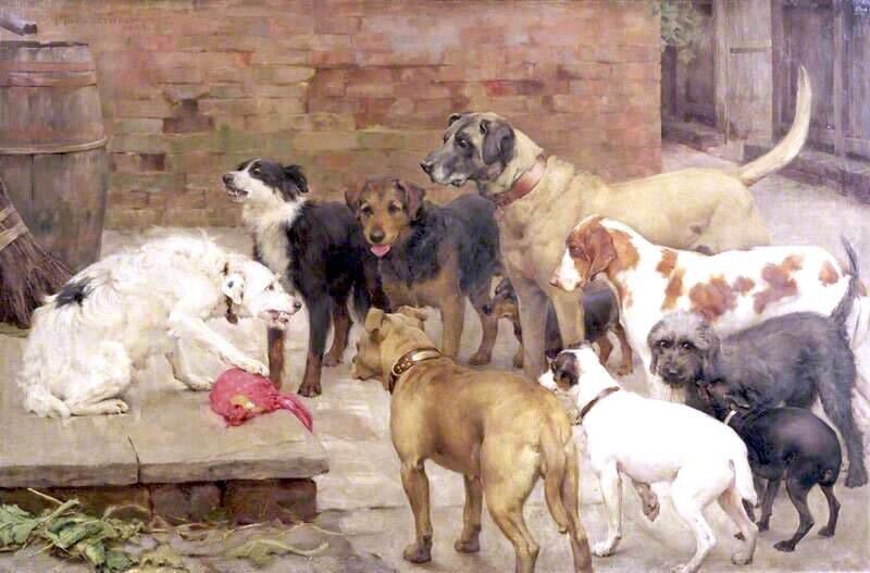 Oil Percy-Harland-Fisher-Dog-With-His-Master-s-Dinner-La-Fontaine's-Fables art
