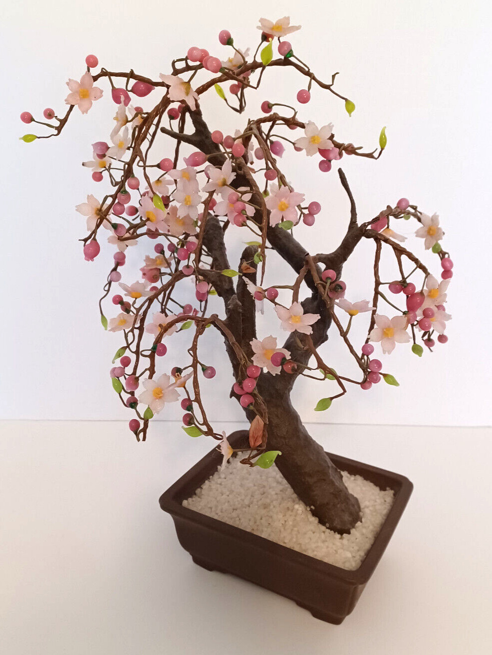 Vintage Chinese Jade Stone/Glass Cherry Blossom Bonsai Tree