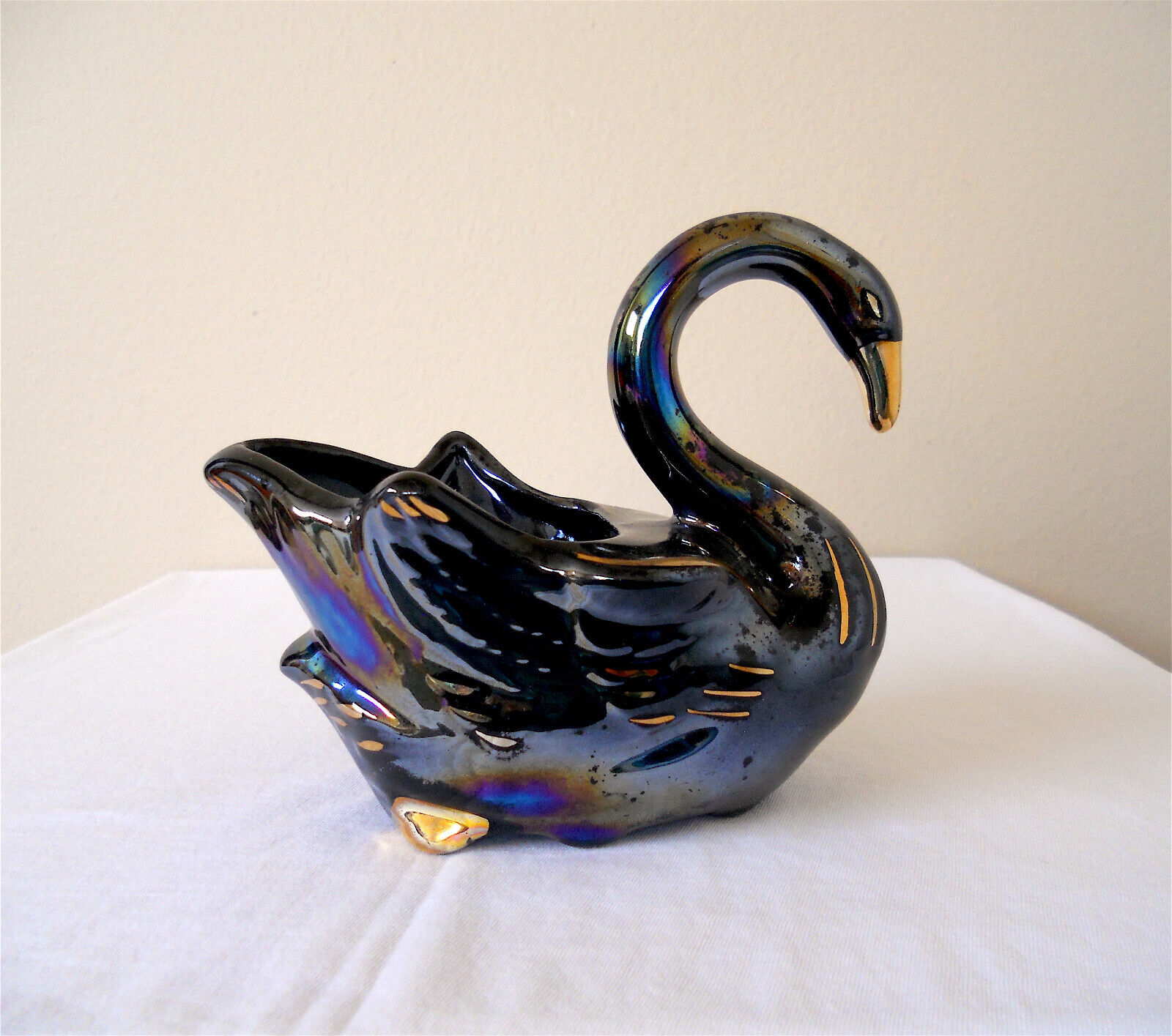 Vintage Black Swan Ceramic Planter Retro Iridescent w/ Gold Accents