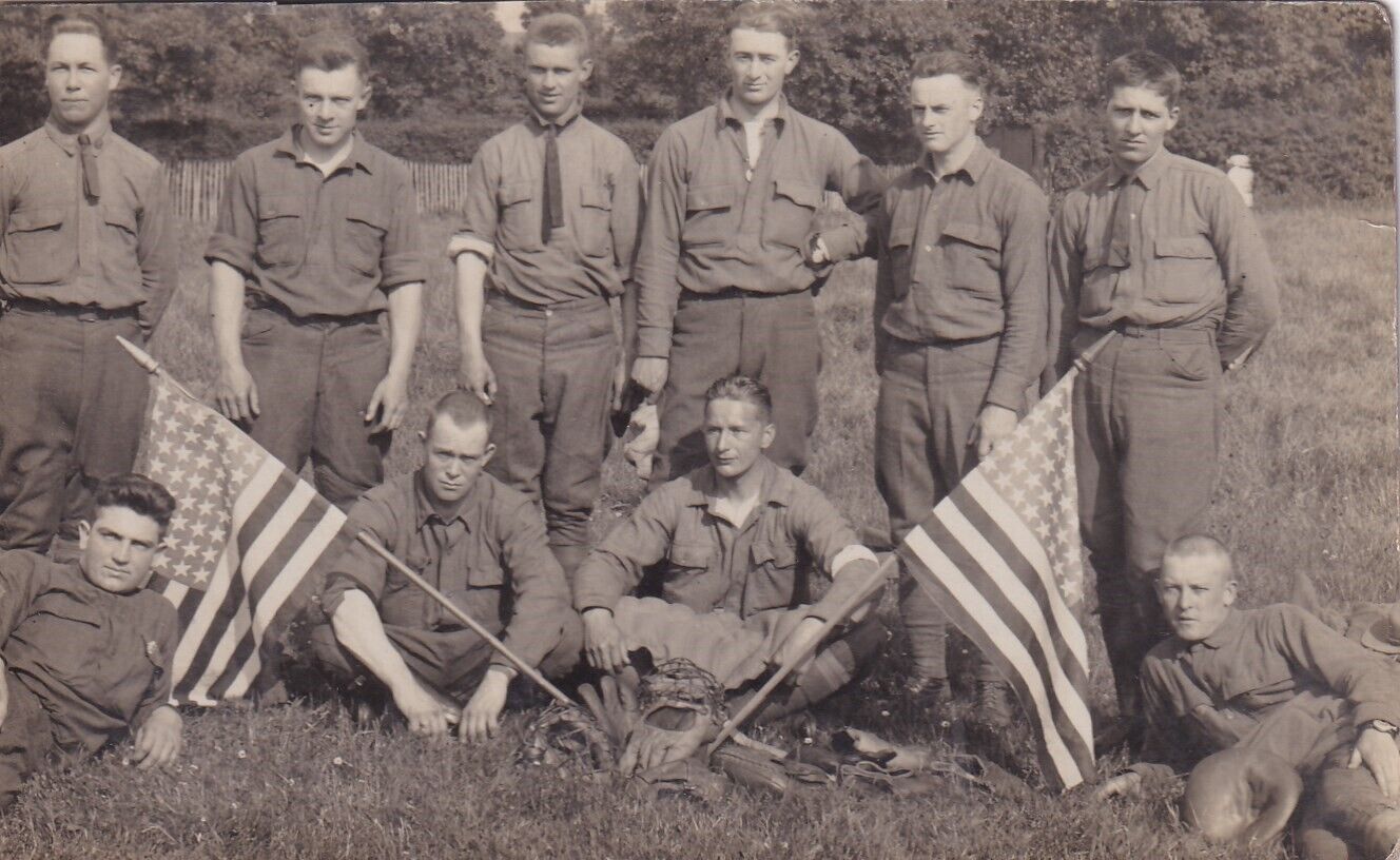 Original WWI RPPC Photo US ARMY SOLDIERS with 2 US 48 STAR FLAGS 273