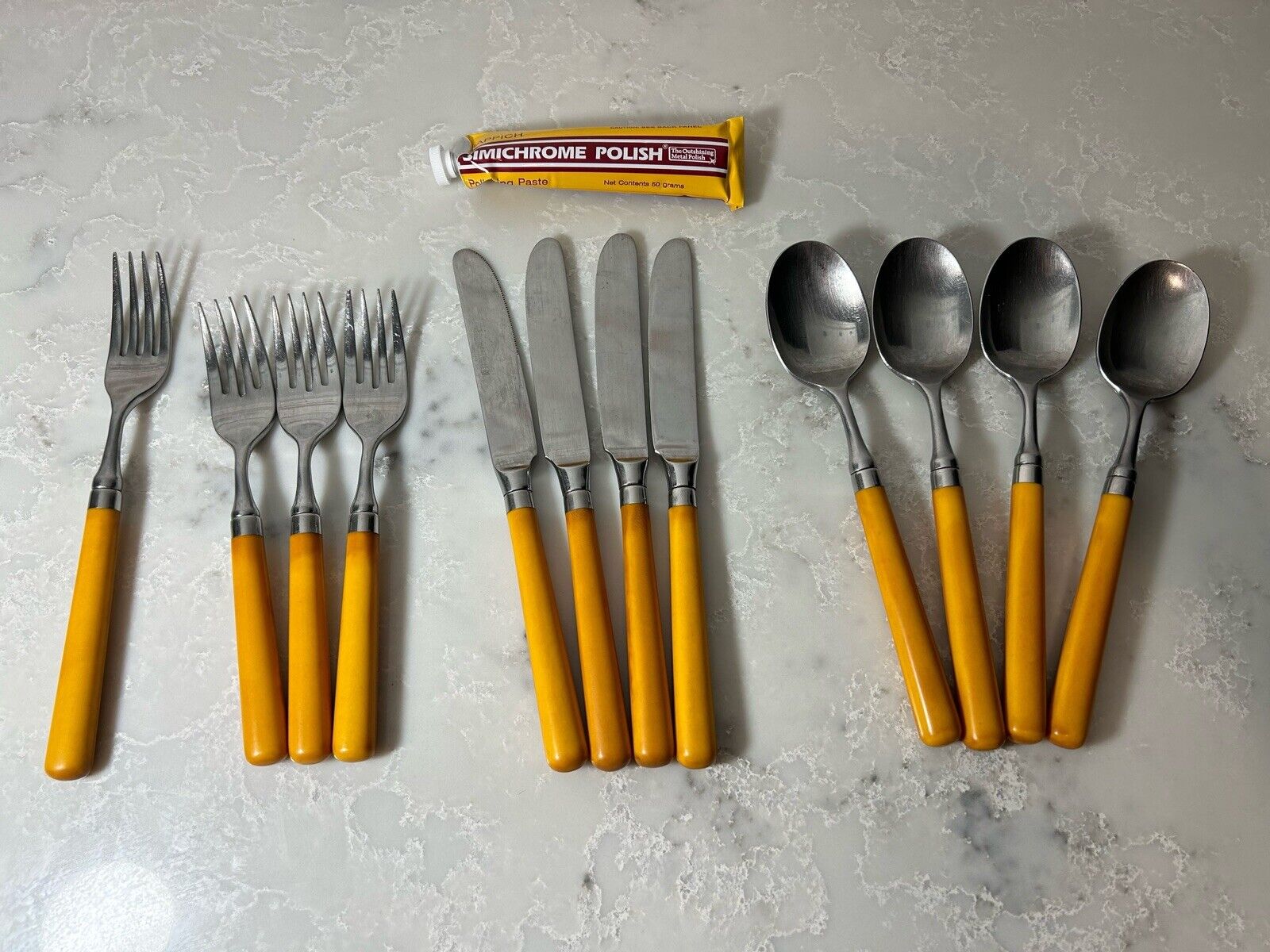 Vintage 12 Piece Butterscotch Bakelite Stainless Flatware Knives Forks Spoons
