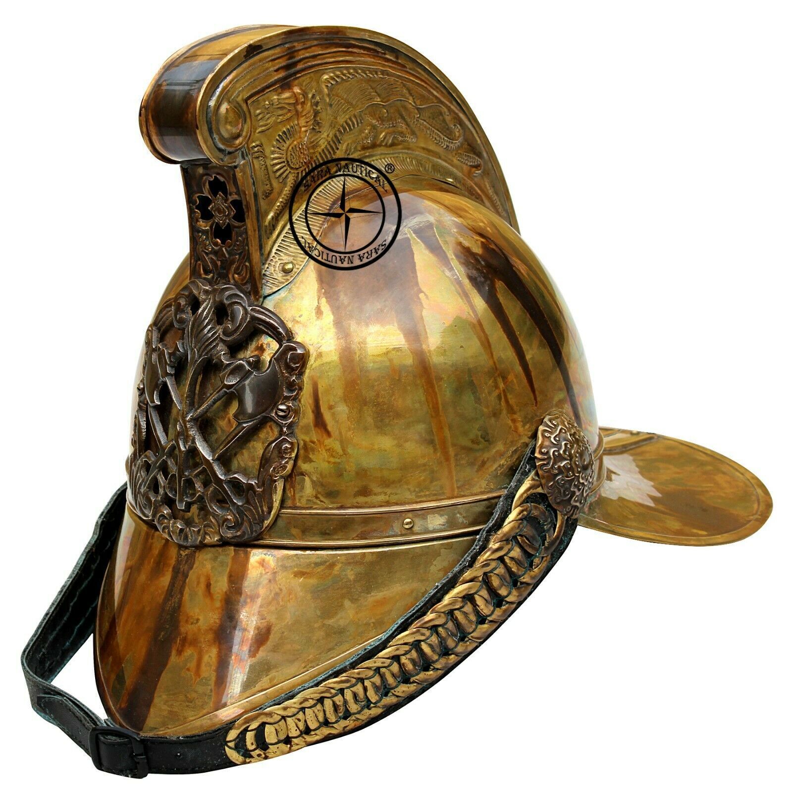 Antique British Firefighter Helmet French Firemans Leather Brass Reproduction