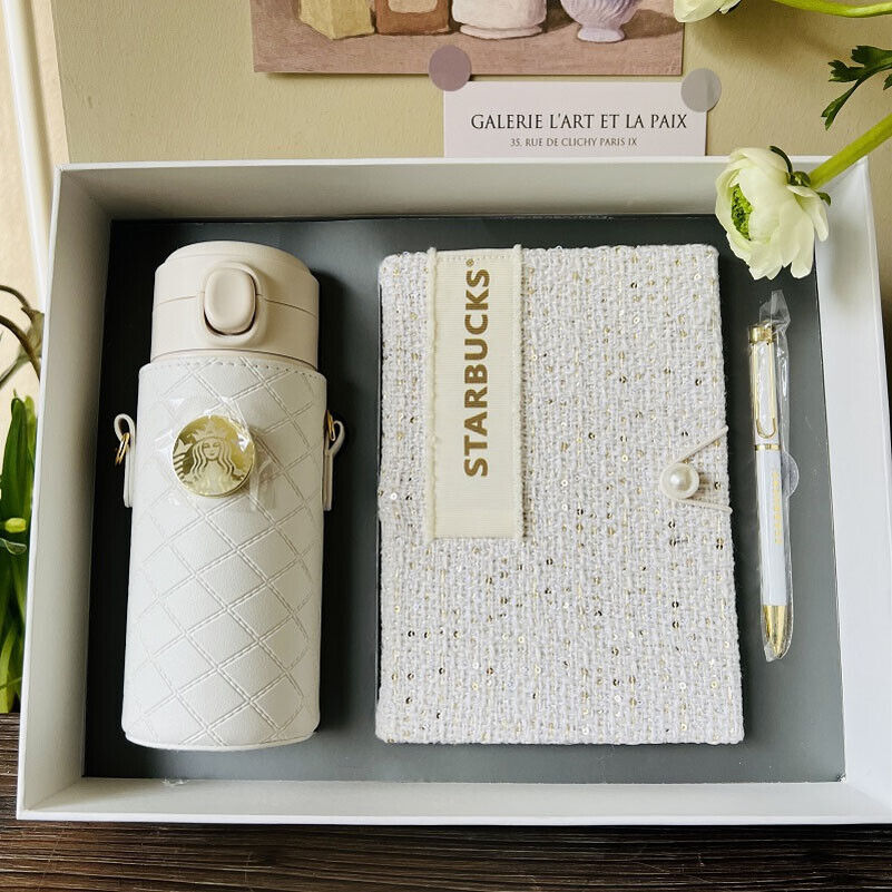 New Starbucks China Winter Pure White Thermos Cup Pearl Chain Notebook Set Gifts