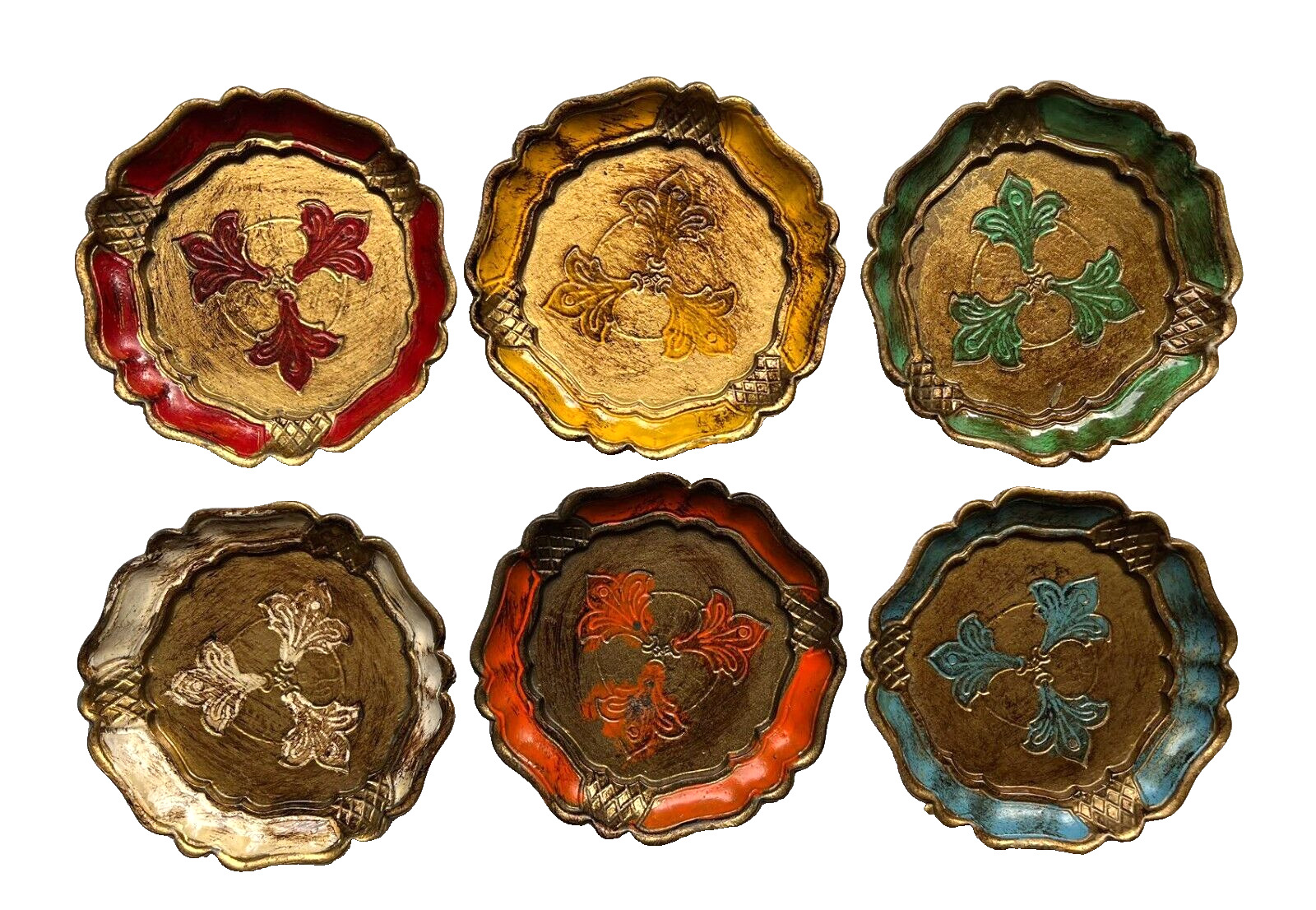 6 Vtg Italian Hand Painted Gilded Ornate Coasters/ Trinket Dishes, Retro Décor