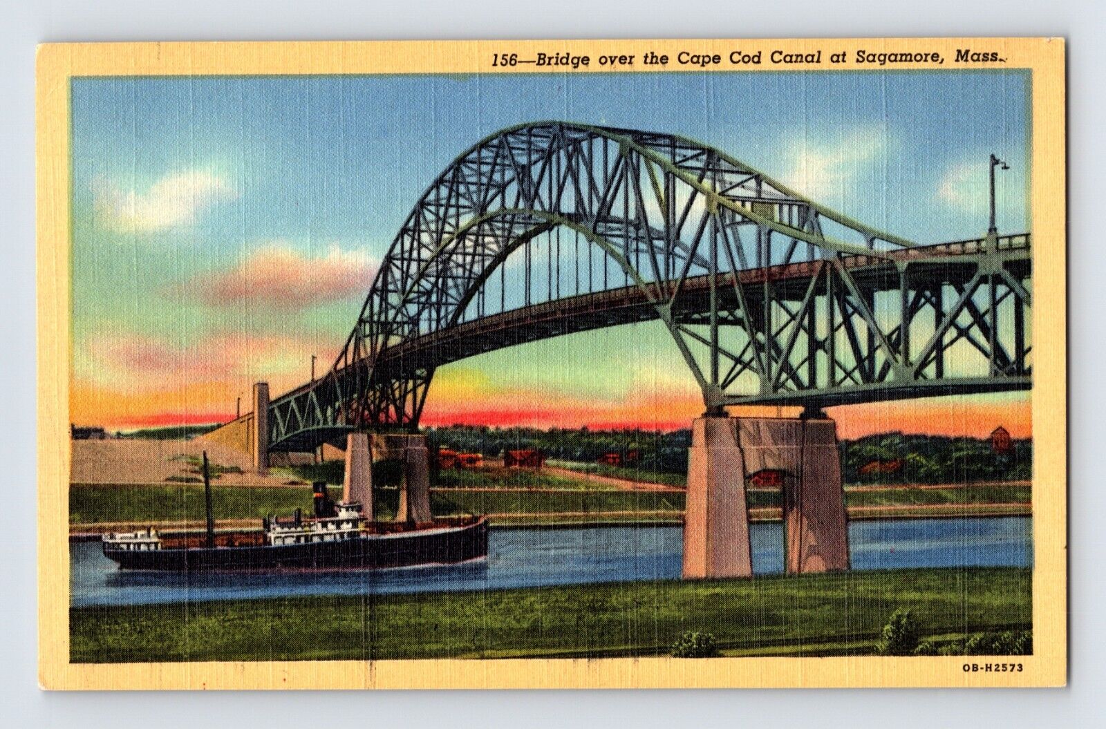 Postcard Massachusetts Cape Cod MA Sagamore Bourne Bridge Barge 1940s Unposted