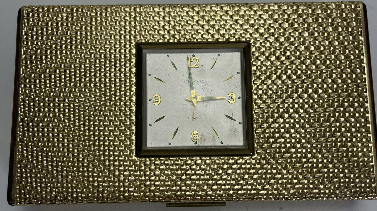 Vintage Europa 7 Jewels Cigarette Clock Gold Box Wood Inlaid