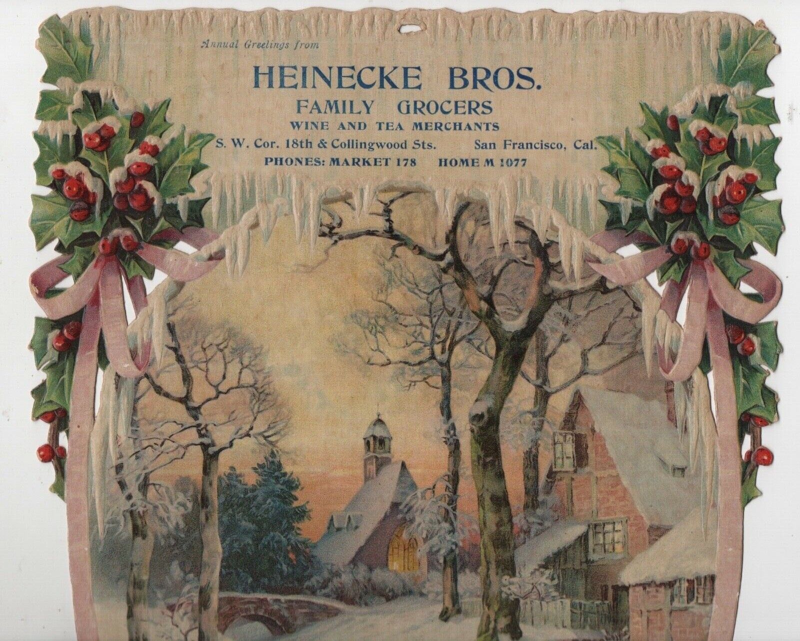  1912 Die Cut Christmas Advertising Calendar Heinecke Grocers Noe Valley SF CA 