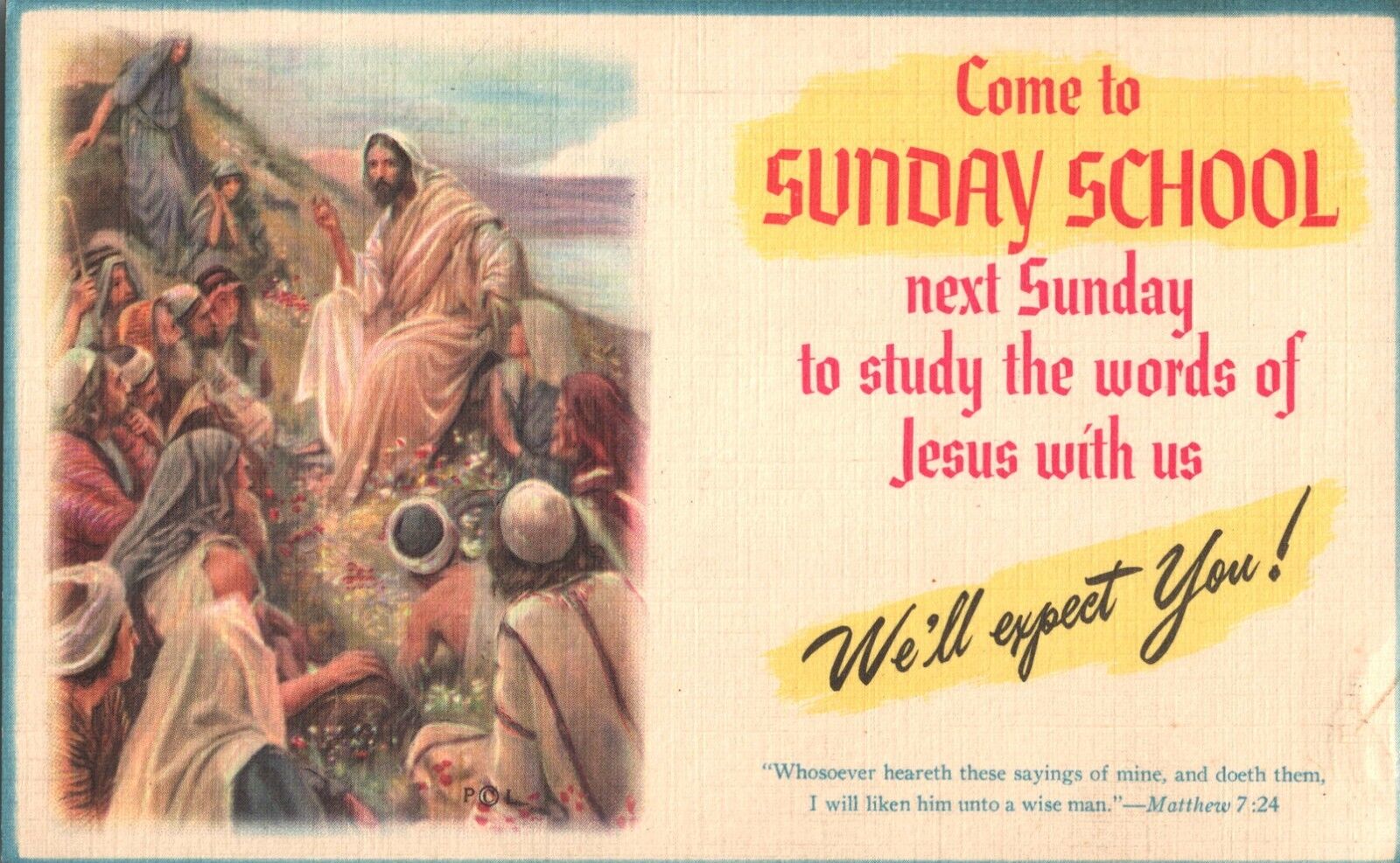 Come to Sunday School Jesus We\'ll Expect You Religious Vintage Postcard