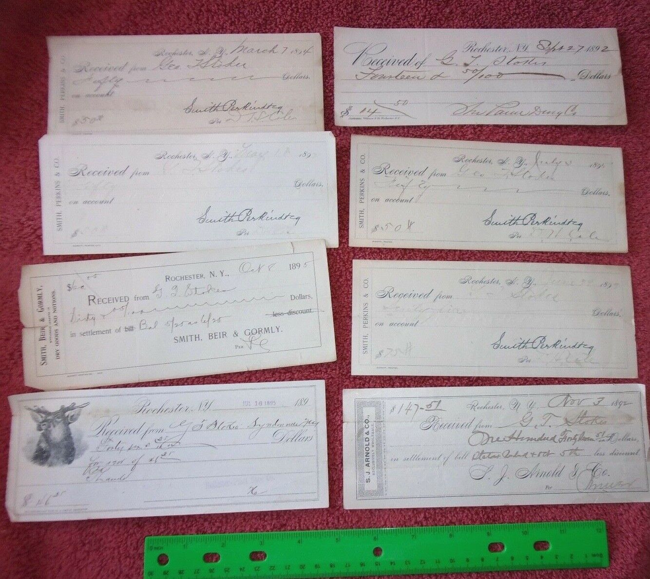 1892-1913 Antique Check Receipts Smith Perkins Co Rochester NY Vintage Ephemera 
