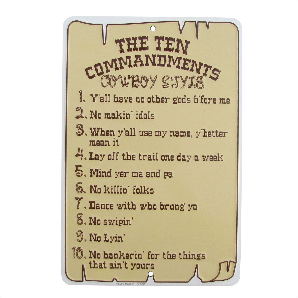 Ten Commandments Cowboy Style Tin Sign Funny Religious Christian Home Wall Decor