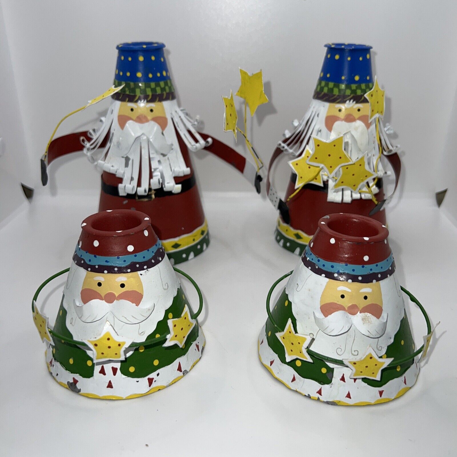 4 Vintage Christmas Cone-shaped Santa Metal Candle Holder Set Of 4 w/Stars