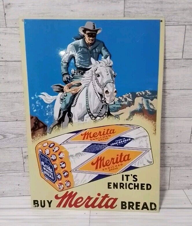 1950s Vintage Tin Lone Ranger Merita bread sign 14x10 Excellent Condition 