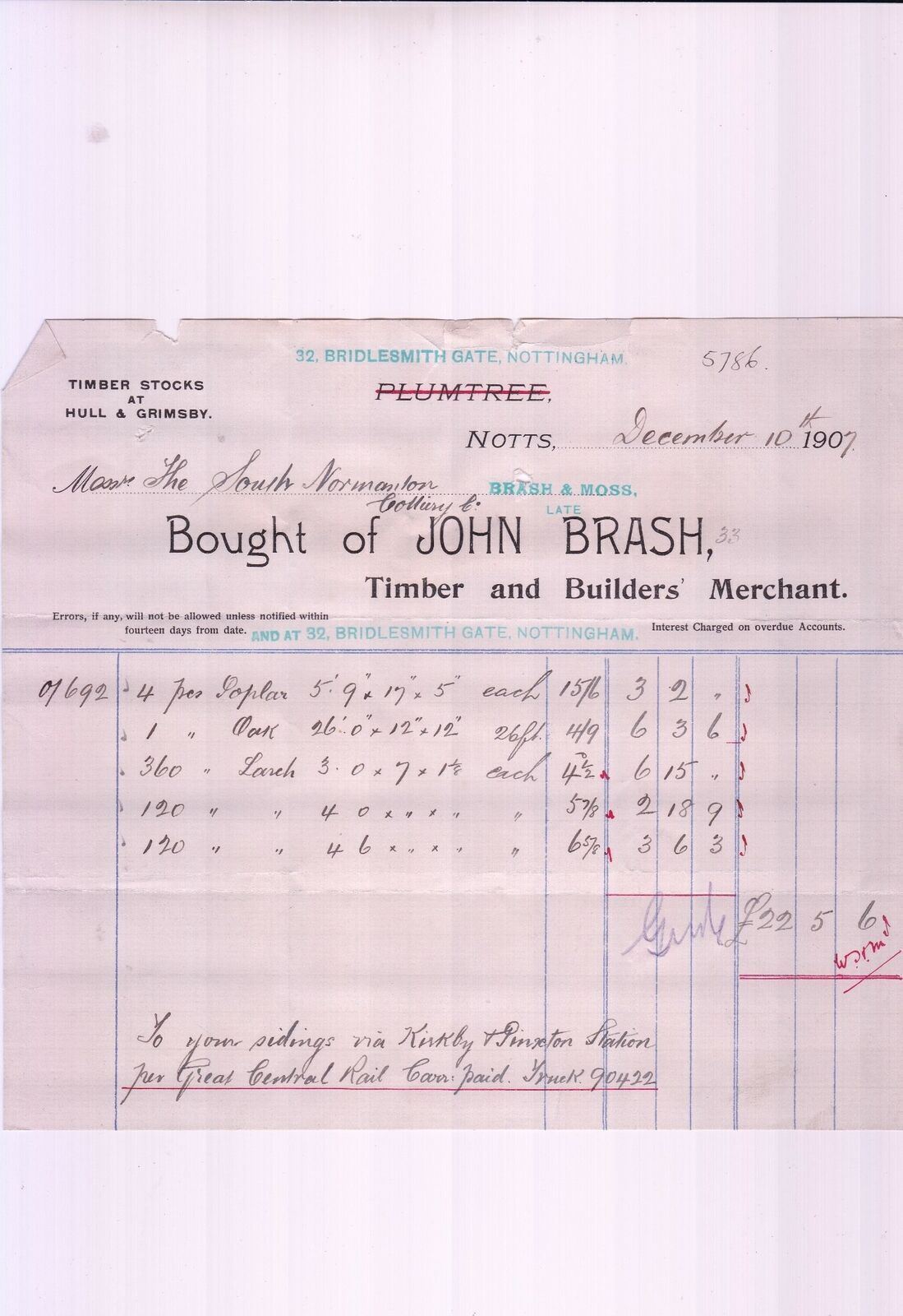 JOHN BRASH, Notts. Timber & Builders Merchants 1907 Poplar Oak Invoice Ref 48034