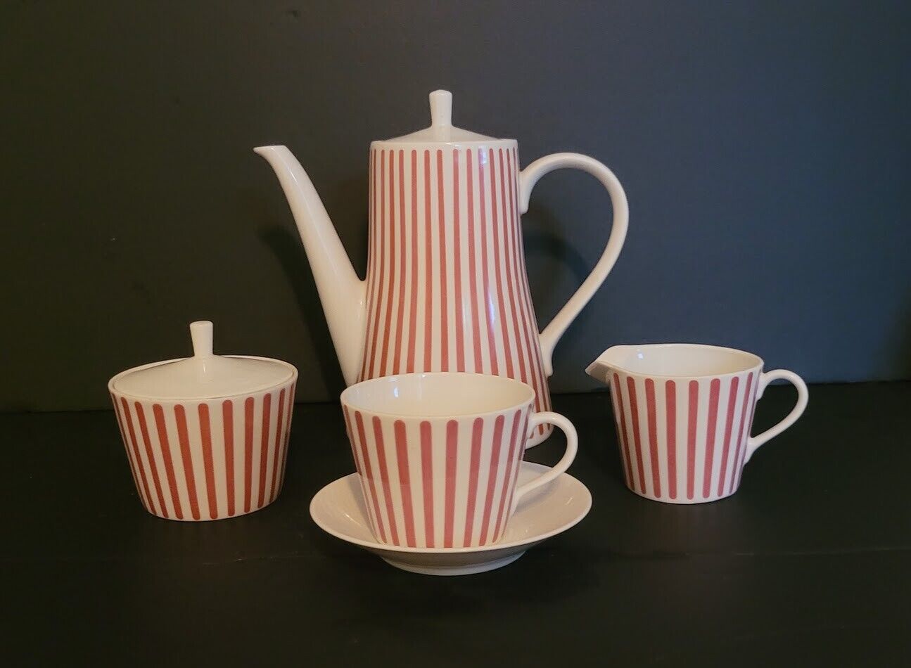 Melitta Coffee Tea Pot Sugar Creamer Zurich Red Stripe 0504 Mid Century Modern