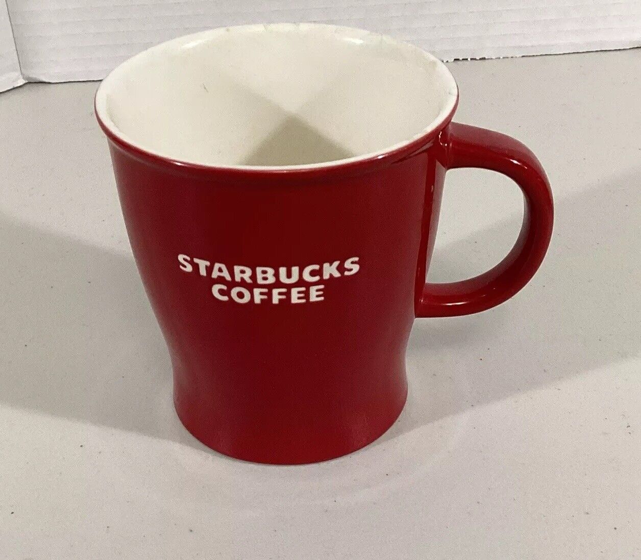 Starbucks 2008 Coffee Mug Embossed Logo Red White 14oz Tapered Ceramic Cup