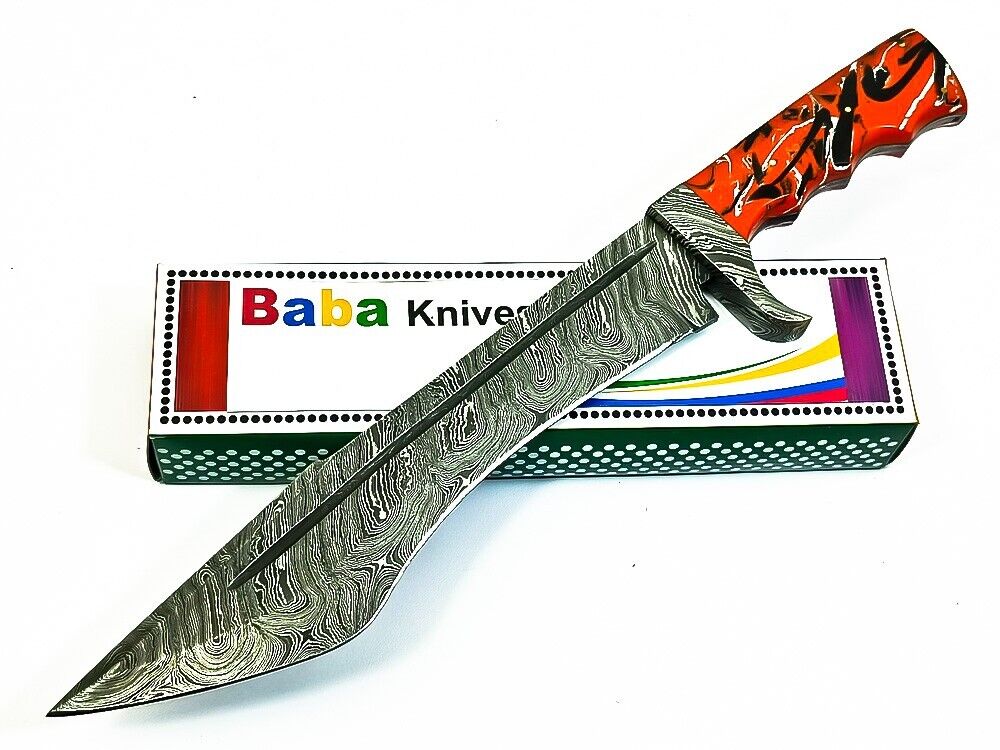 BABA CUTLERY RARE CUSTOM  ART DAMASCUS BOWIE KNIFE HUNTING KNIFE RESIN HANDLE