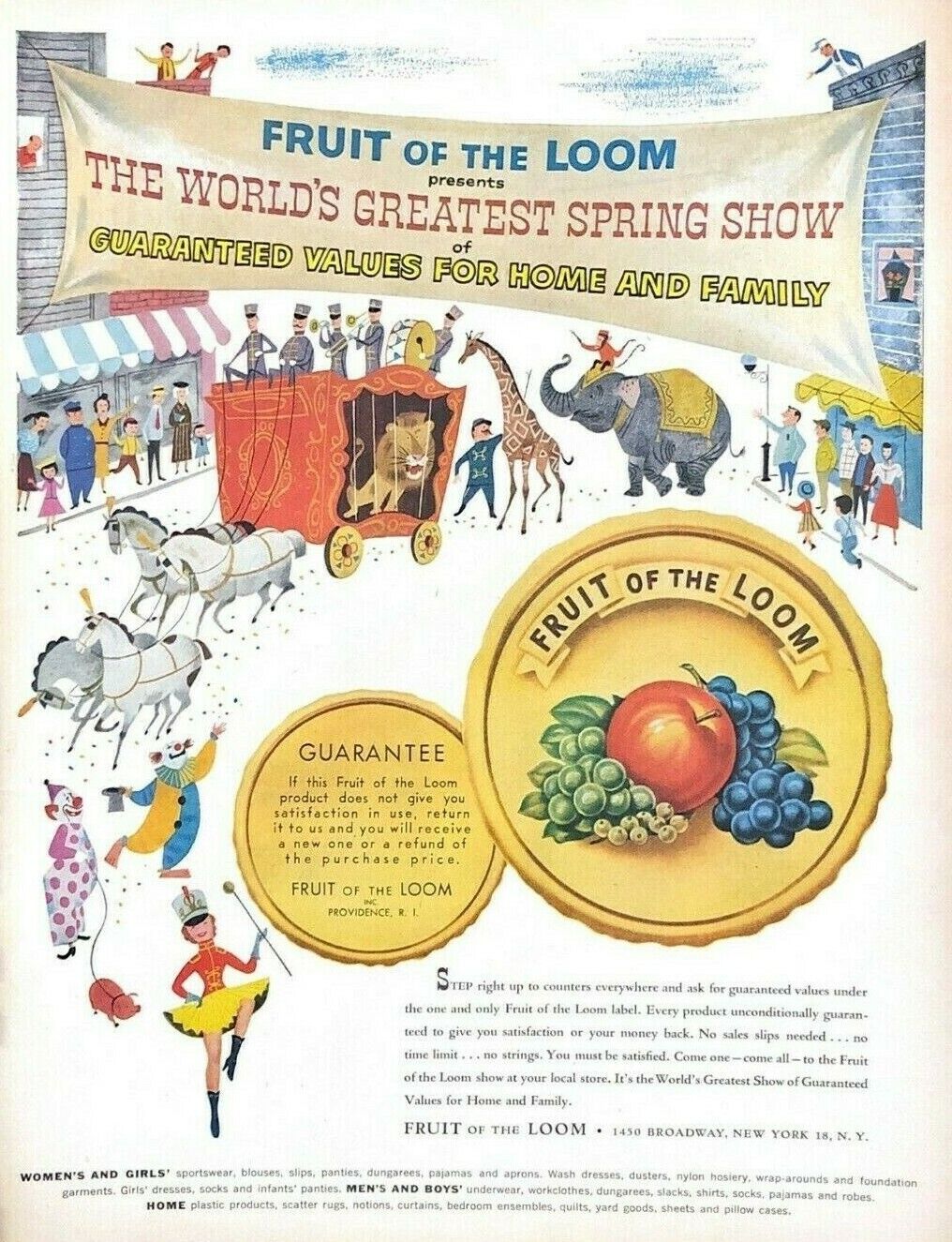 1954 Fruit Of The Loom Vintage Print Ad Circus The World\'s Greatest Spring Show