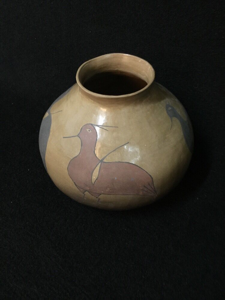 Vintage Mexican Pottery Jar With Painted Birds