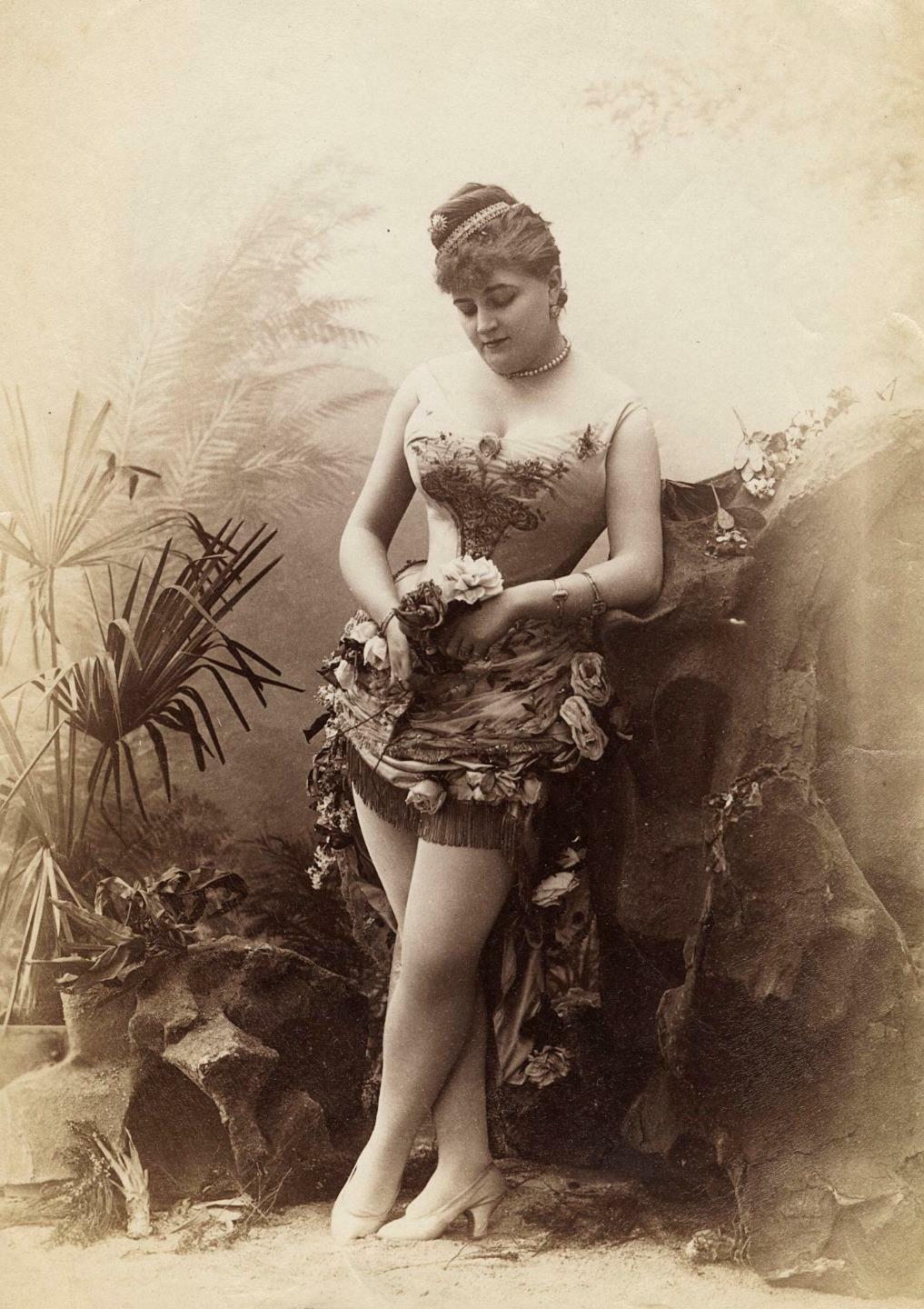 c. 1870\'s Burlesque Dancer Holding Roses with Roses on Dress Photograph