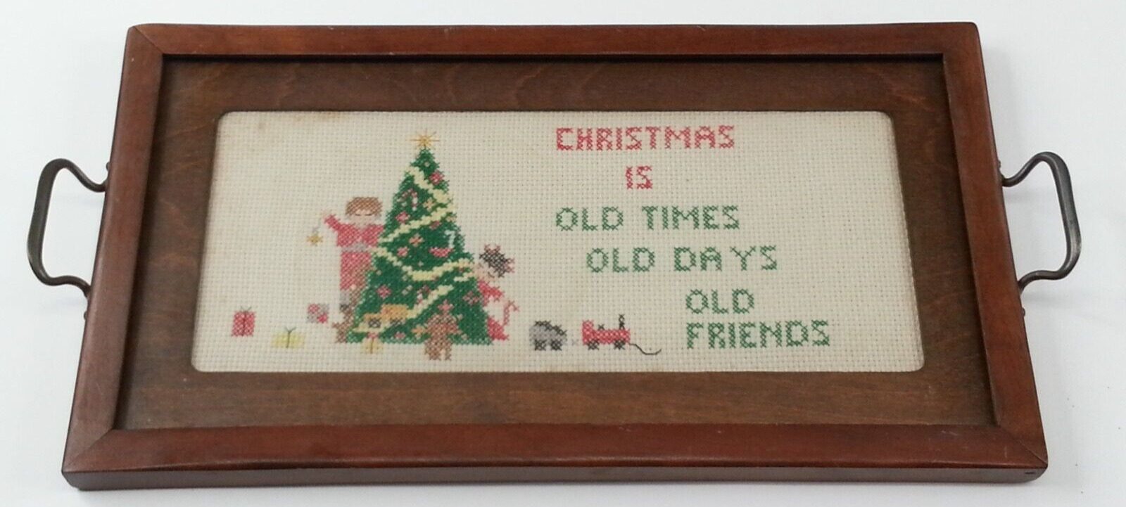 Vintage Christmas Old Times Old Days Old Friends Serving Tray Glass Top Stitched