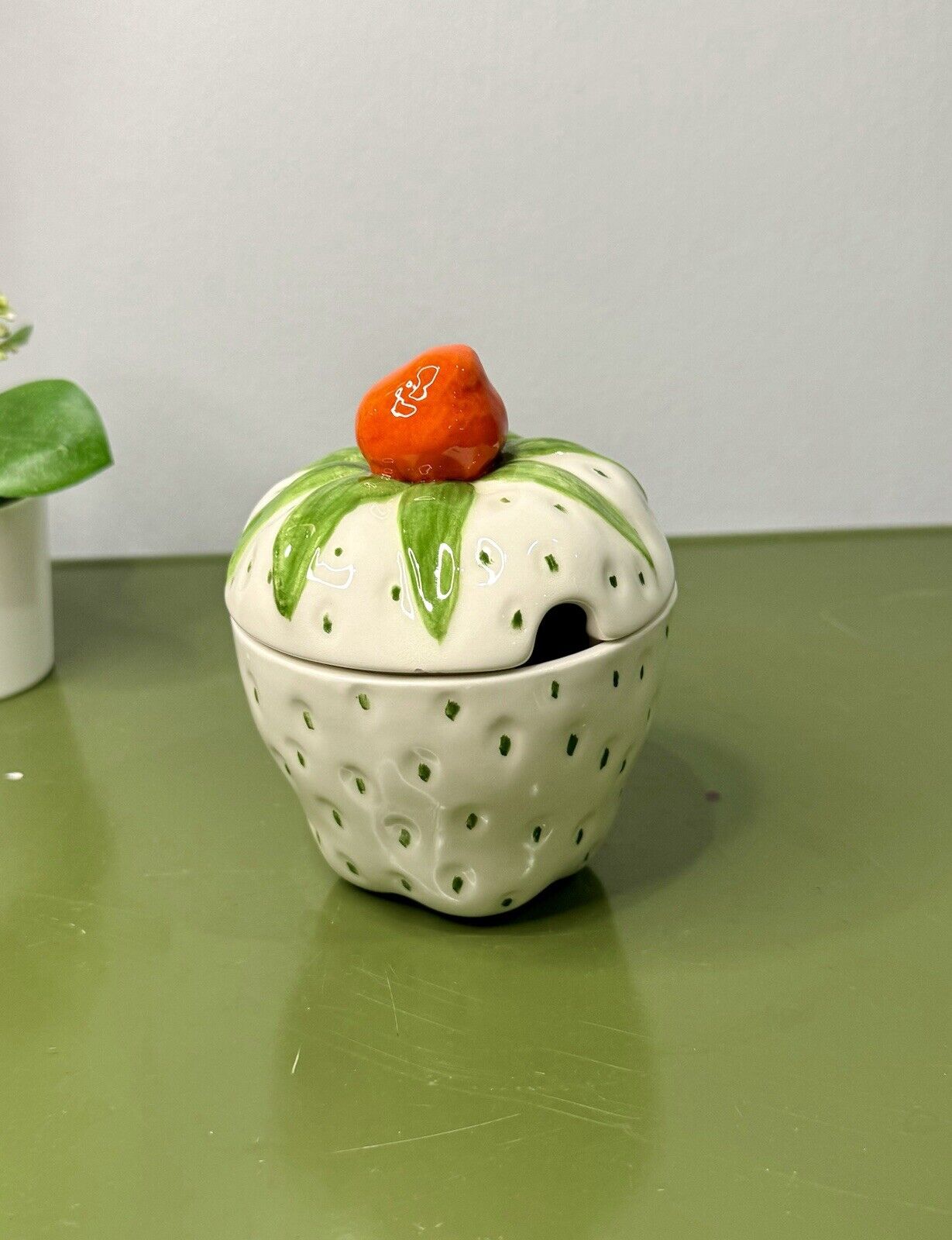 Hand Painted Strawberry Sugar Bowl With Lid Ceramic Spoon Opening