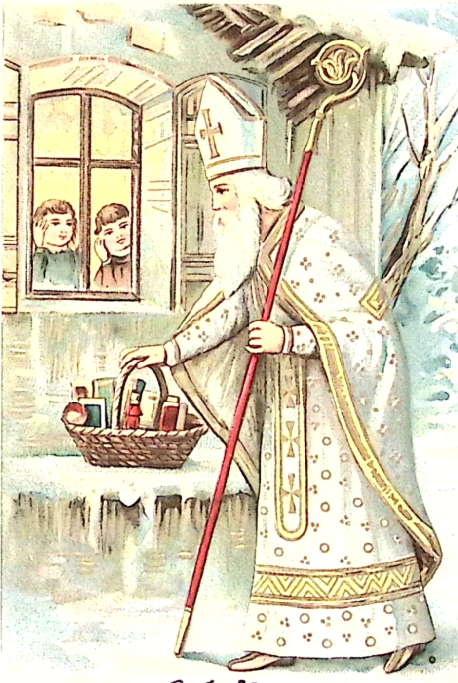 1907 FRENCH Christmas Postcard Children Watch Gold Trim White Robe St Nicolas