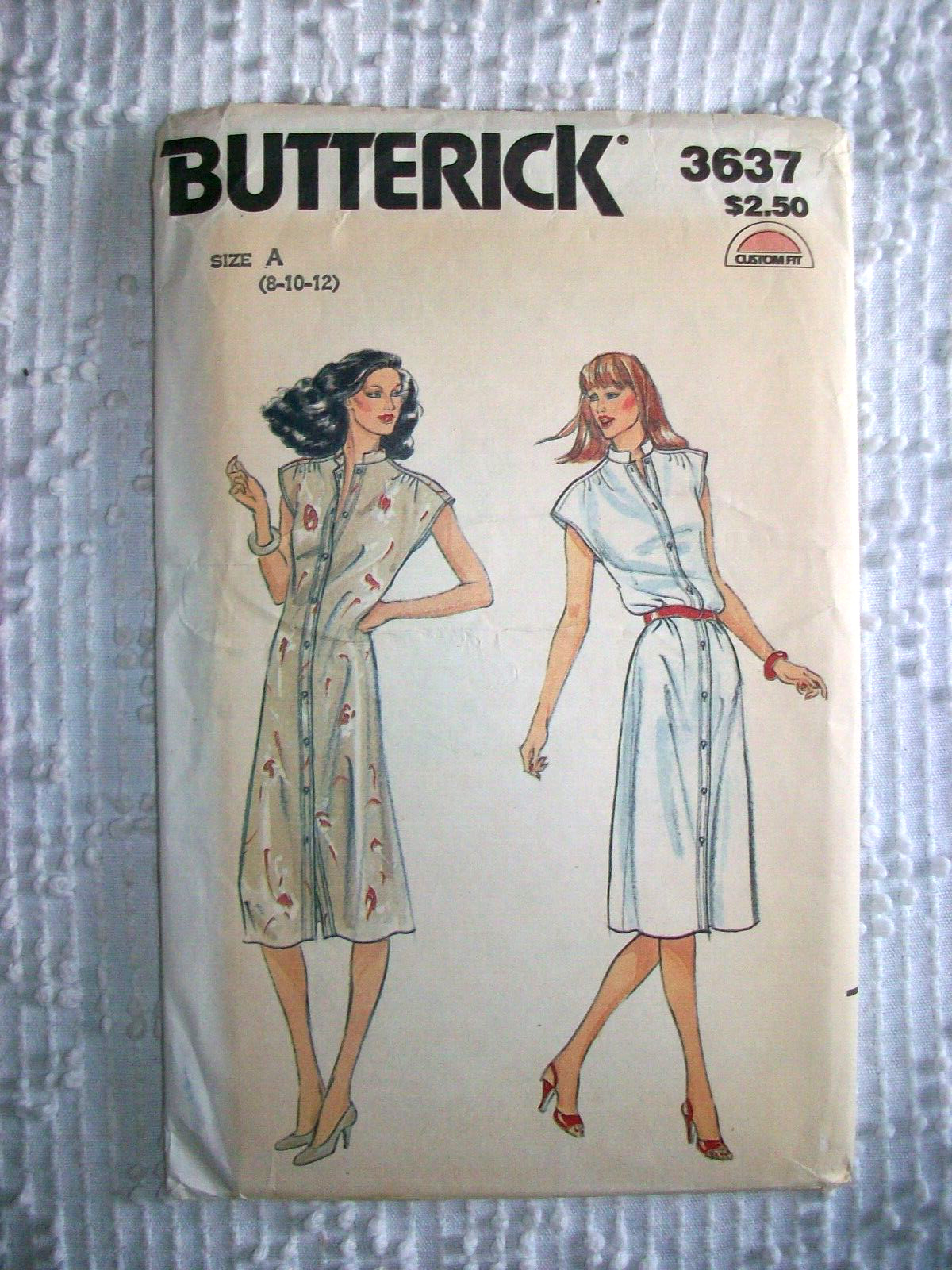Vintage 80s Butterick Pattern 3637 Front Button Dress Mandarin Collar 8-10-12