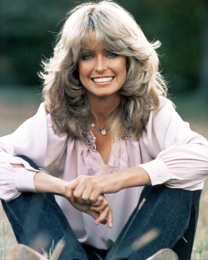 Farrah Fawcett beautiful 1970\'s seated outdoors blue jeans 24x36 inch Poster