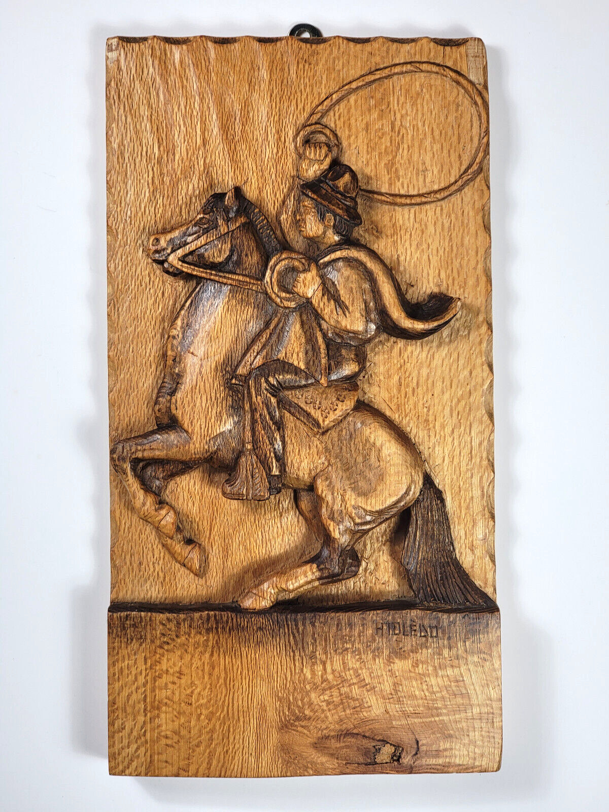 Hand-Carved Folk Art Wood Relief Wall Plaque, Chilean Horse and Rider 6\