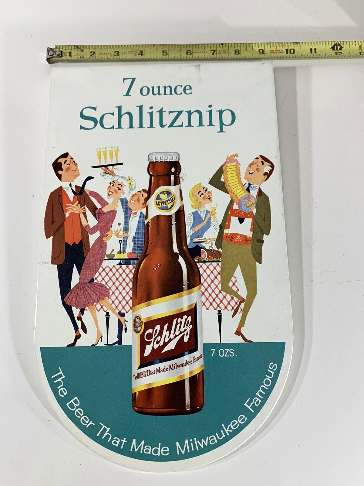 1958 Tin Schlitz Sign W/Beer Bottle - World’s Favorite 7 Oz Bottle Milwaukee NOS