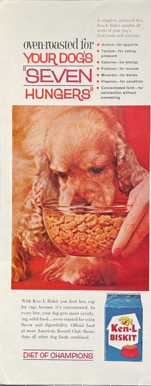 1963 Ken-L Biskit Vintage Print Ad Oven Roasted For Your Dogs Seven Hungers