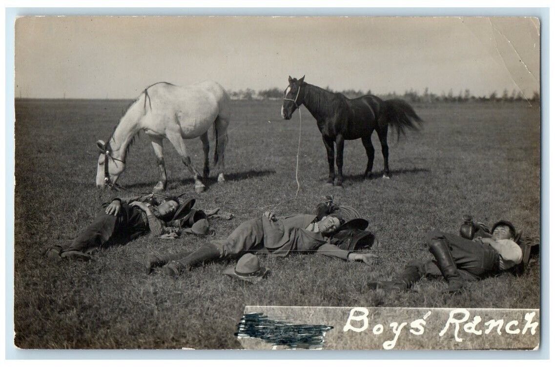 c1910's Cowboys Sleeping Taking Rest Boy's Ranch Horses  RPPC Photo Postcard