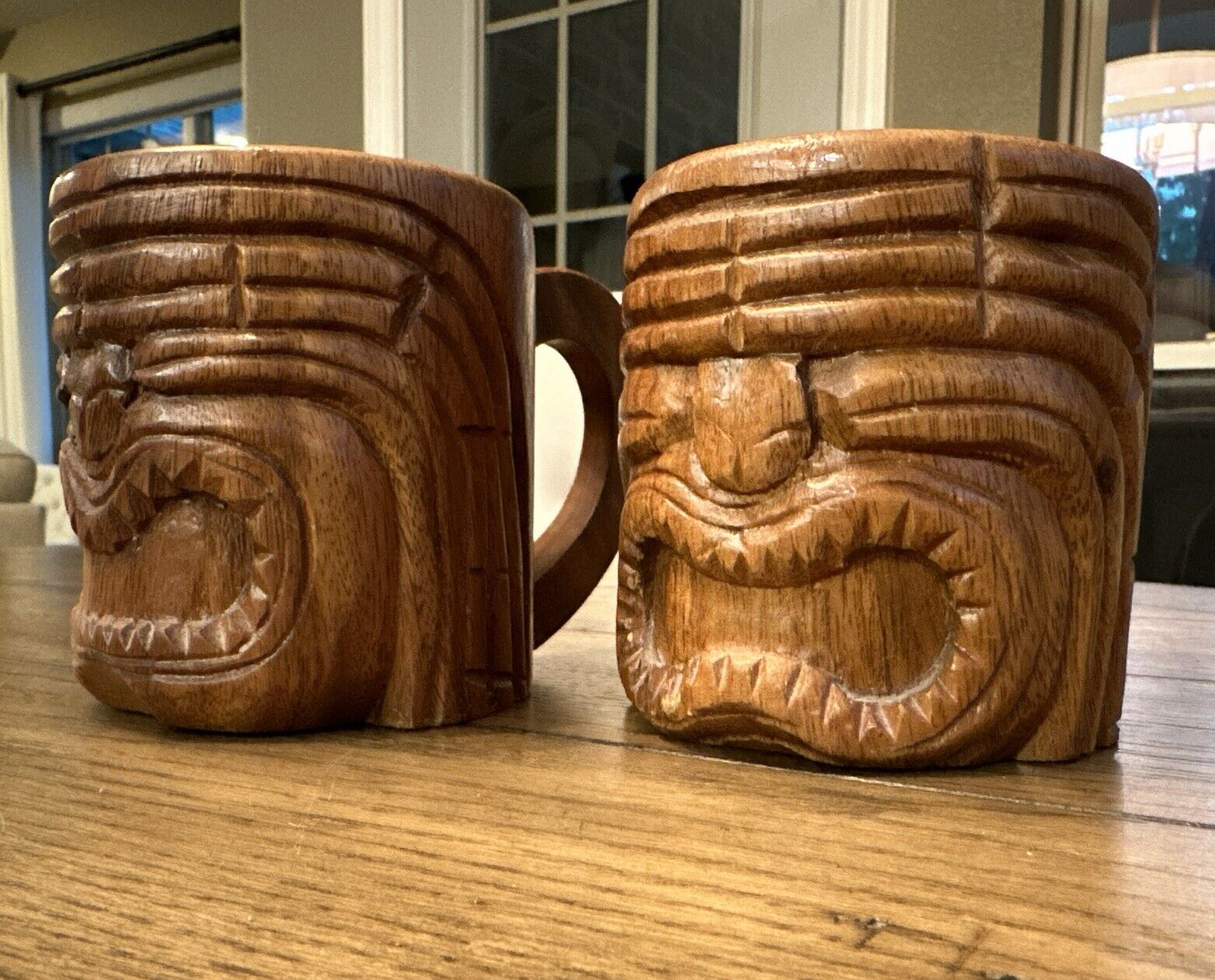 Vintage Set 2 Wooden Tiki Mug Hand Carved Wood Hawaiian  Kitsch Hawaii Retro