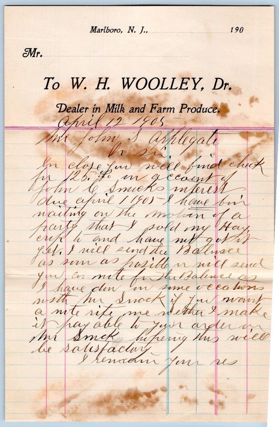 1905 MARLBORO NEW JERSEY*W H WOOLLEY*MILK & FARM PRODUCE DEALER*JOHN APPLEGATE