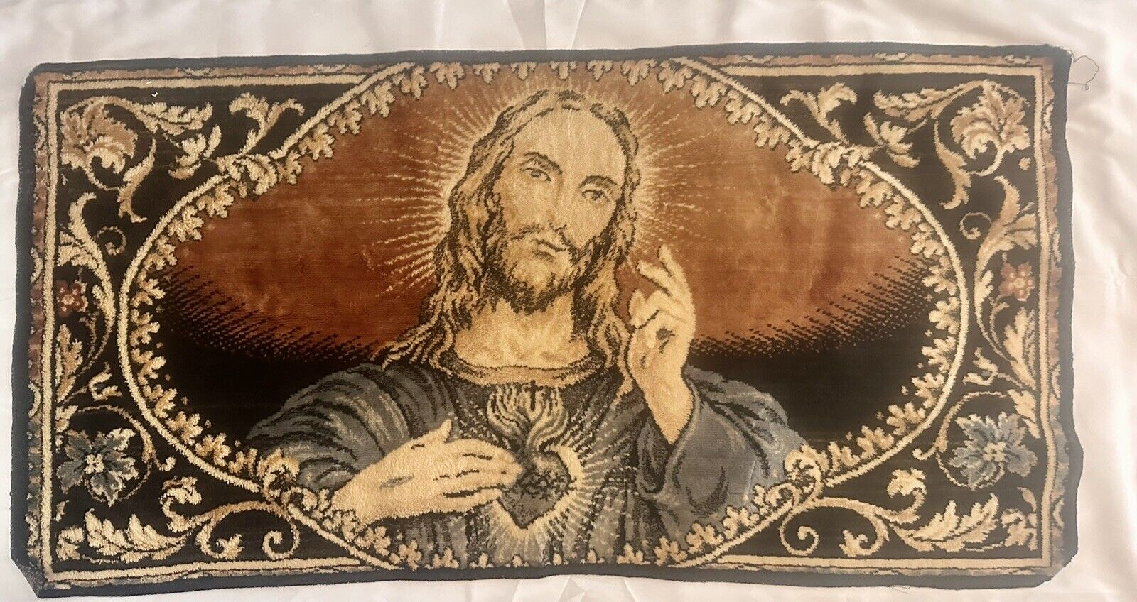 Vintage Catholic Sacred Heart of Jesus Woven Stitch Tapestry Wall Hanging 37x20